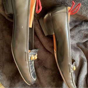 Ferragamo shoes with gold detail, stacked heel, with 1/4" lift on left heel.